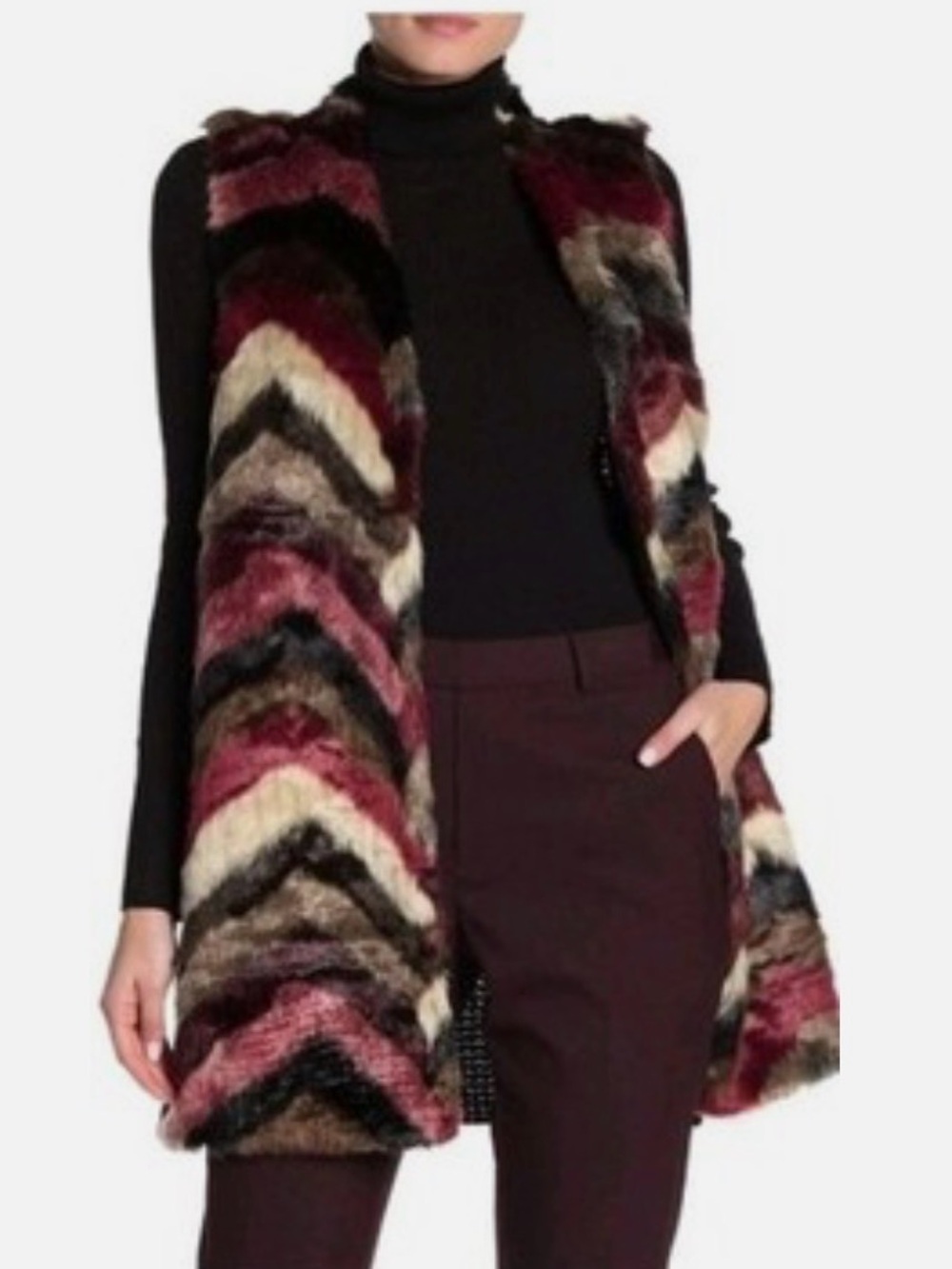 Joseph A Chevron Faux Fur Vest - Burgundy, Cream, Black Sz XL EUC